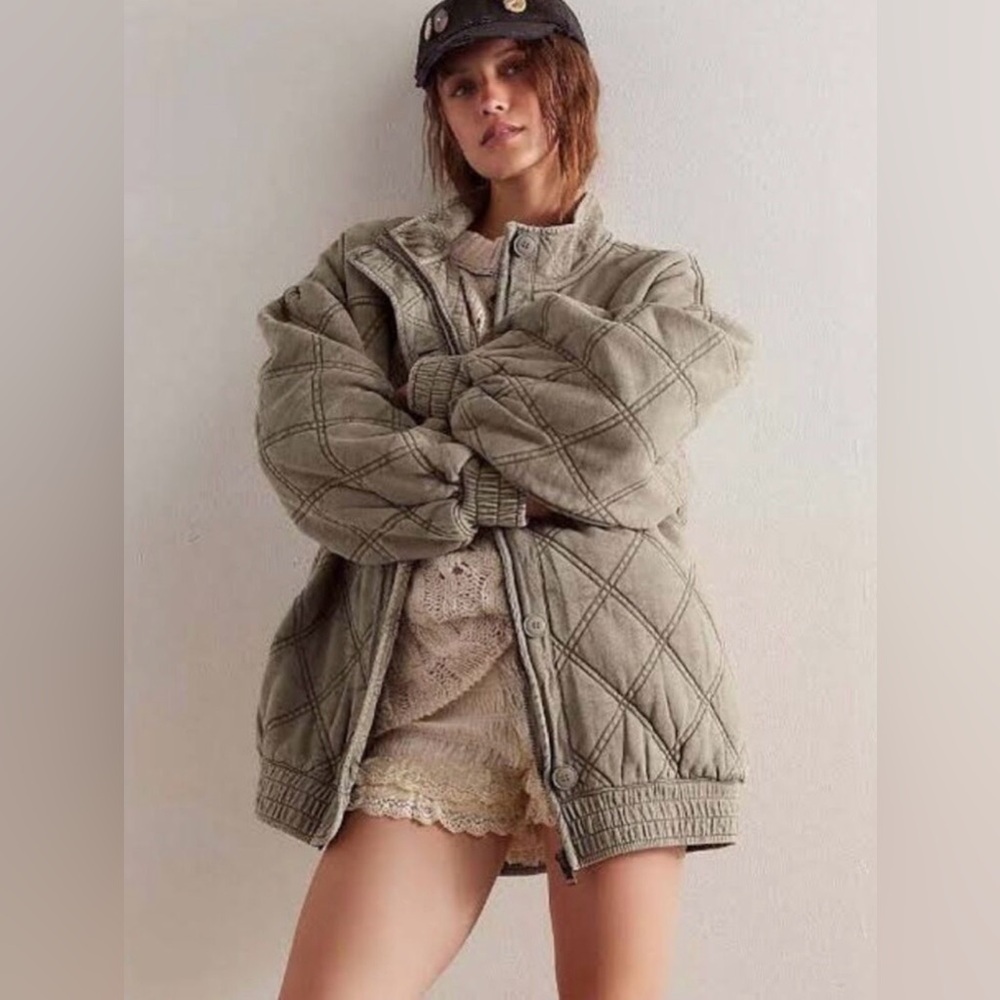 Free People Juno Quilted Oversized Jacket - Olive sz S - Picture 2 of 8